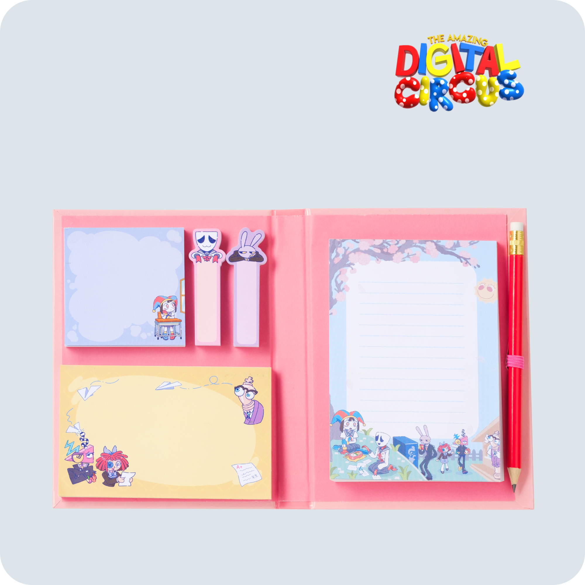 Digital Circus Anime Stationery Set with Memopad, Pencil Topper & Stickers